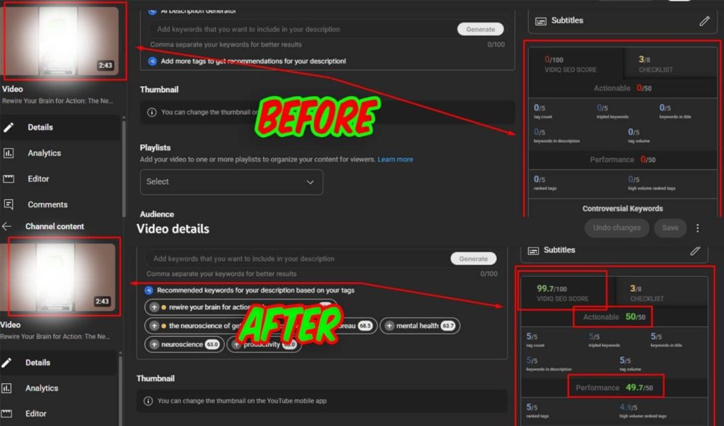 YouTube SEO before and after optimization, showing improvements in VidIQ SEO score and keyword rankings