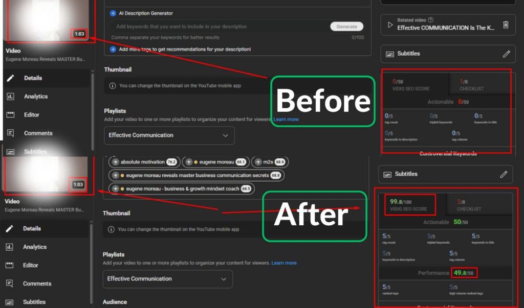 YouTube SEO before and after optimization, showing improvements in VidIQ SEO score and keyword rankings