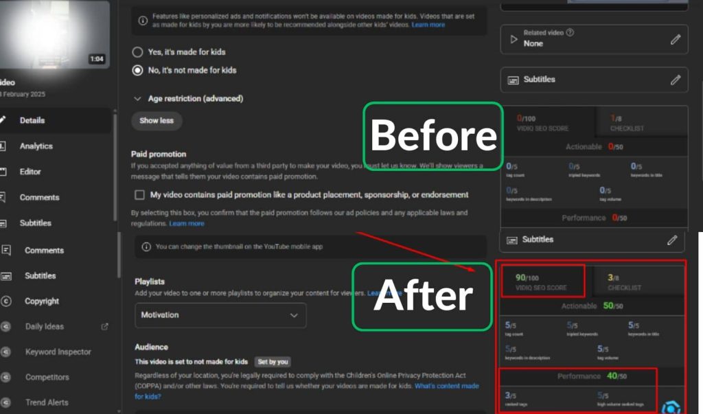 YouTube SEO before and after optimization, showing improvements in VidIQ SEO score and keyword rankings