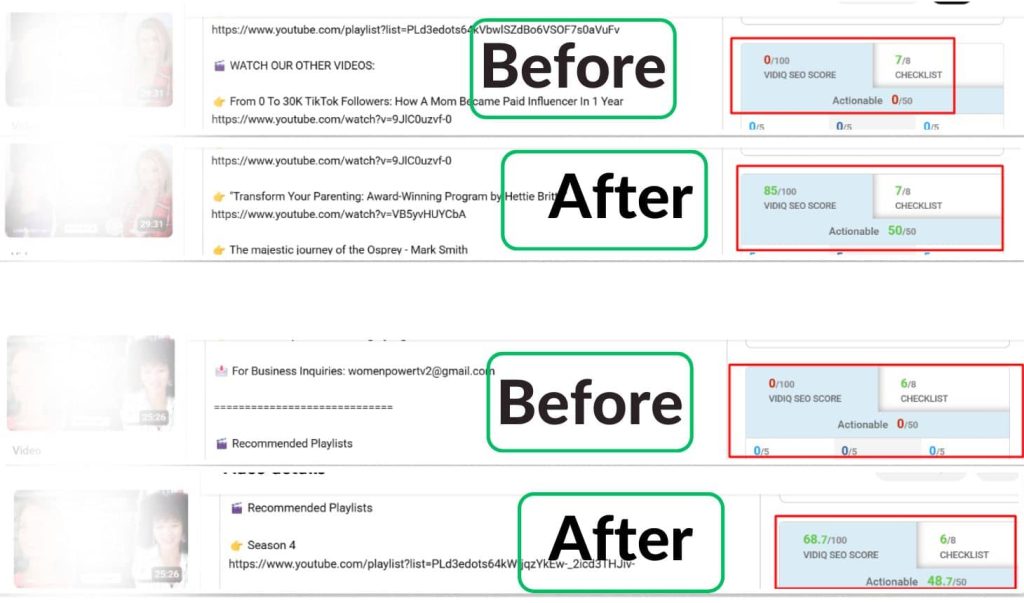 YouTube SEO before and after optimization, showing improvements in VidIQ SEO score and keyword rankings