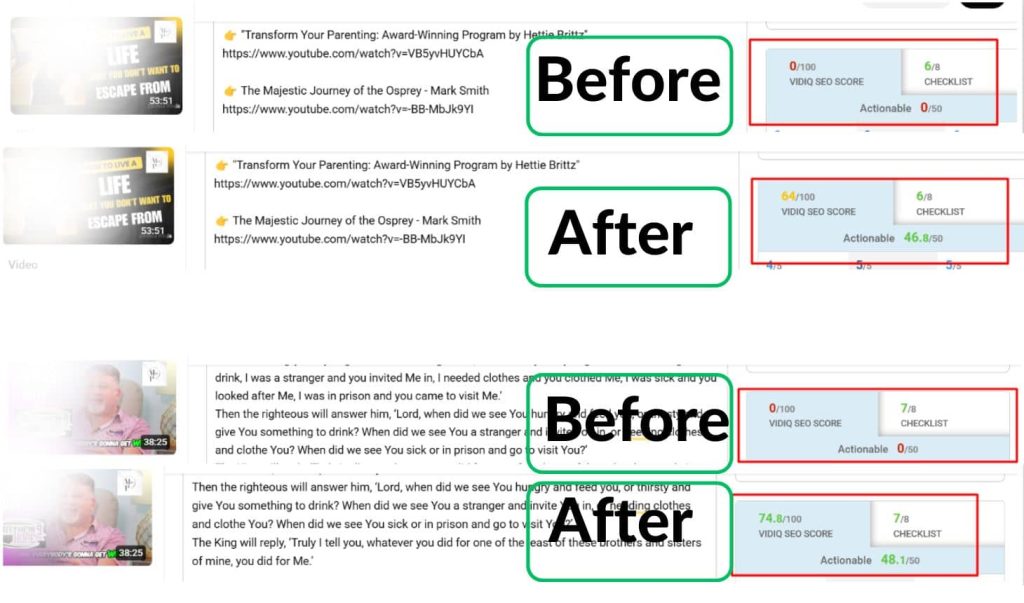 YouTube SEO before and after optimization, showing improvements in VidIQ SEO score and keyword rankings